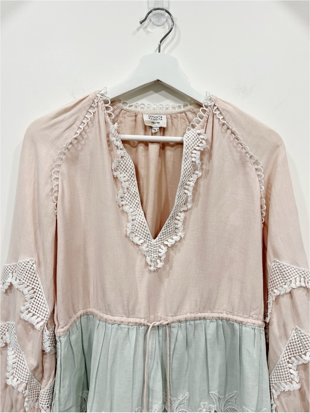 Hemant & Nandita Boho Lace Mini Dress XS Pink Blue Embroidered Tunic - Picture 3 of 15